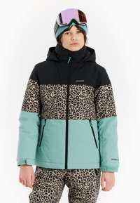 Giacca invernale con un design nero, verde menta e stampa leopardata. Tessuto texturizzato con cappuccio e tasche con zip.