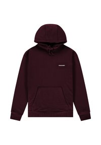 Felpa con cappuccio color bordeaux con tasca frontale, cappuccio con coulisse e logo bianco. Tessuto morbido con polsini e orlo a costine.