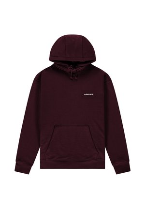 Viininpunainen huppari, jossa vetoketjutasku edessä, nyörillä säädettävä huppu ja valkoinen logoteksti. Pehmeä kangas, jossa resorit hihansuissa ja helmassa.