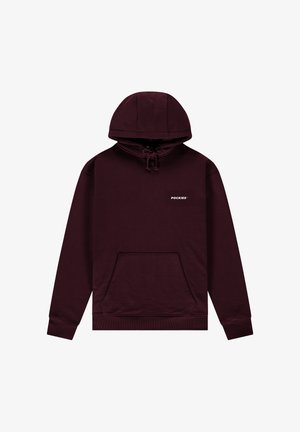 Sudadera con capucha color burdeos con bolsillo frontal, capucha con cordón y texto de logo en blanco. Tela suave con puños y dobladillo acanalados.