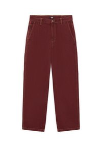 Pantalones de pierna ancha burdeos con una cintura alta, acabado limpio, cinco bolsillos y costuras naranjas visibles. Fabricados con un material de denim resistente.