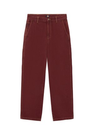 Burgundy wide-leg pants with a high waist, clean finish, five pockets, and visible orange stitching. Made from sturdy denim material.