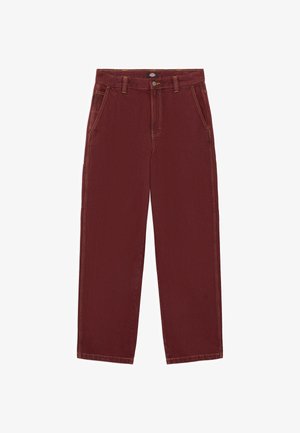 Bordowe spodnie z szerokimi nogawkami i wysokim stanem, o czystym wykończeniu, z pięcioma kieszeniami i widocznym pomarańczowym przeszyciem. Wykonane z mocnego denimu.