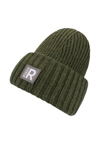 Olive green ribbed knit beanie with folded cuff and a rectangular gray patch labeled "#1839 R" on the front.