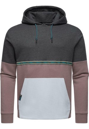 Hooded sweatshirt featuring color blocks in dark gray, light pink, and white, with a patterned stripe across the chest and a front pocket.