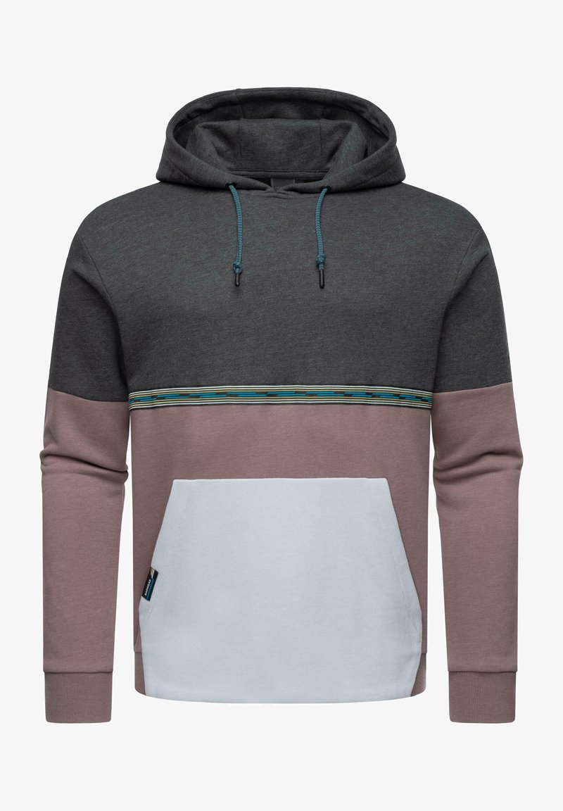 Kapuzensweatshirt mit Farbblöcken in Dunkelgrau, Hellrosa und Weiß, mit einem gemusterten Streifen über die Brust und einer Fronttasche.