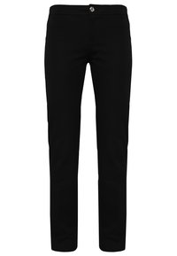 Černé kalhoty na míru vyrobené z hladké tkaniny. Mají rovný střih, zapínání na knoflík v pase a žádné viditelné vzory nebo akcenty.