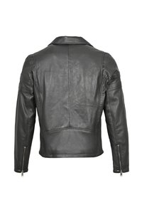 Kragenlose schwarze Lederjacke mit einer taillierten Passform, Reißverschlüssen an den Bündchen und horizontalen Steppnähten an den Schultern. Rückansicht.