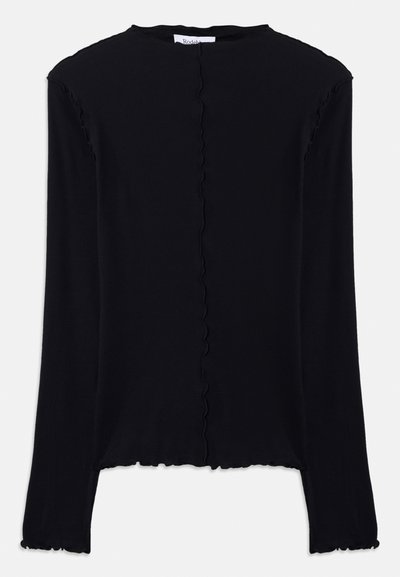 Black long-sleeve top made of soft fabric. Features a scalloped neckline and hem, with a simple, fitted design. No additional embellishments.