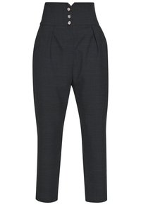 Grå rutiga byxor med hög midja, som har tre dekorativa knappar fram, avsmalnande ben och en texturerad tyg.