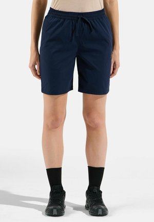 Navy blue, knee-length shorts with an elastic waistband, drawstring, and side pockets. Made from lightweight fabric, suitable for active wear.