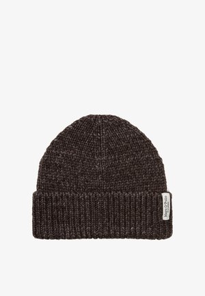 Berretto a maglia grigio scuro con polsino a costine, caratterizzato da un tessuto strutturato e una piccola etichetta con logo sul lato.