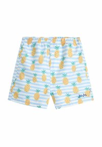Badeshorts mit hellblauem Hintergrund, gelben Ananas und grünen Blättern, horizontalen blauen und weißen Streifen sowie elastischem Bund.