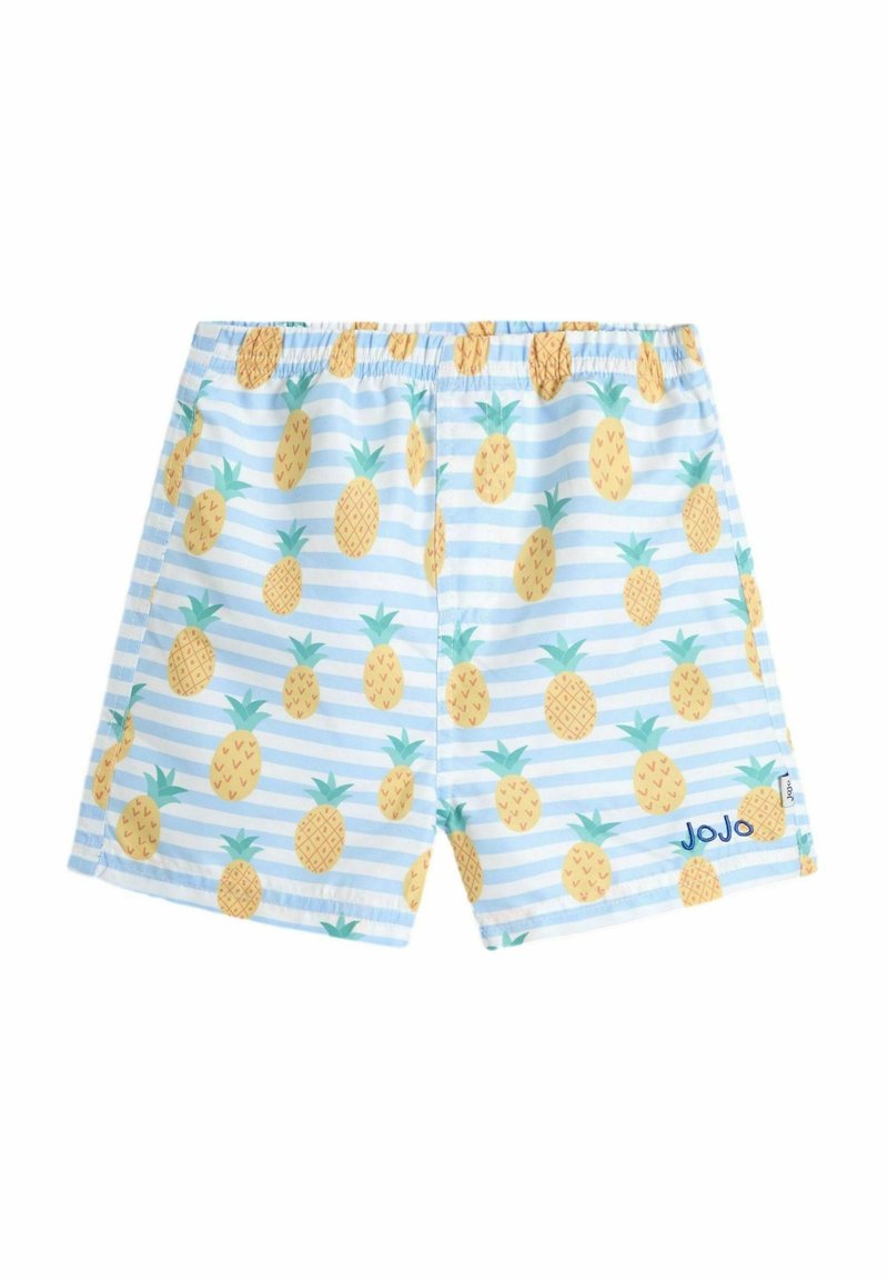 Badeshorts mit hellblauem Hintergrund, gelben Ananas und grünen Blättern, horizontalen blauen und weißen Streifen sowie elastischem Bund.