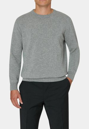 Un pull ras du cou gris fabriqué en matériau doux, avec des manches longues et des poignets côtelés. Assorti à un pantalon sombre, ajusté.