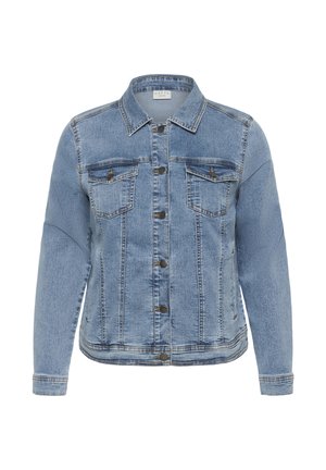 Svetlomodrá rifľová bunda s prednými gombíkmi, dvoma vreckami na prsiach so zapínaním na gombíky, dlhými rukávmi a klasickým golierom, zobrazená na bielom pozadí.