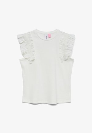 Witte mouwloze top met geplooide, gerafelde stofdetails op beide schouders en een ronde halslijn.