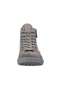 Gray leather high-top sneaker with textured surface, lace-up front, side zipper detail, and patterned rubber sole.