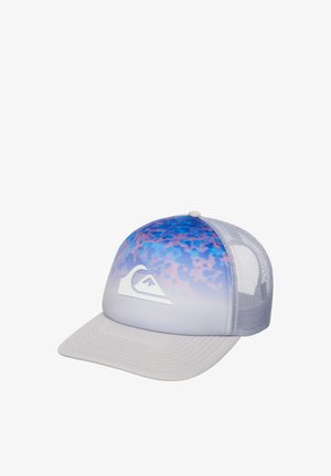 Lichtgrijze en blauwe mesh truckerpet met abstracte patronen en een wit berggolf-logo op het voorpaneel.