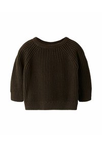 Mörkbrun stickad tröja med ribbad textur, rund hals och trekvartslånga ärmar. Har en avslappnad passform och sömfria axeldetaljer.