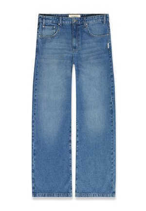 Blå vidbenede denimjeans med forlommer, bæltestropper, knaplukning og falmede detaljer på lårene.