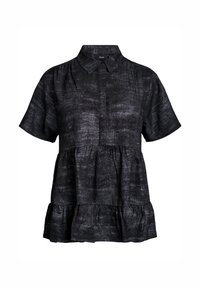 Short-sleeve black textured blouse with tiered ruffle hem and a classic collar, featuring a concealed front button placket.