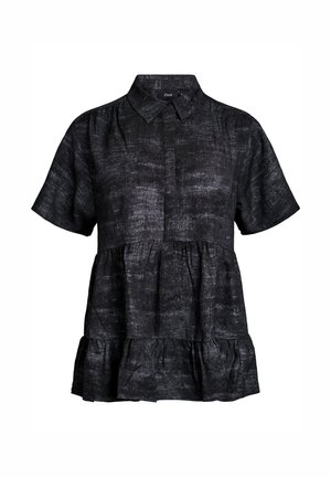 Short-sleeve black textured blouse with tiered ruffle hem and a classic collar, featuring a concealed front button placket.