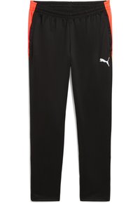 Calças de desporto pretas com cintura elástica, apresentando painéis laterais laranja brilhante e um logo branco da Puma na parte inferior da perna esquerda.