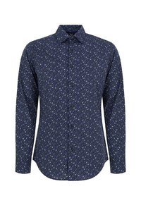 Koszula z długim rękawem w ciemnoniebieskim kolorze z drobnymi wzorami kwiatowymi. Posiada standardowy kołnierzyk, zapięcie na guziki i zaokrąglone wykończenie.