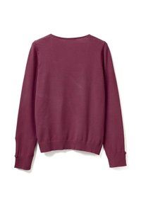 Solider, pflaumenfarbener Pullover mit langen Ärmeln, Rückenansicht, mit gerippten Bündchen und Saum sowie Knöpfen an den Ärmelbündchen.