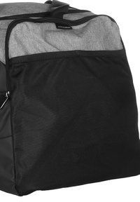 Sac à dos noir et gris en tissu, avec une texture lisse, dotée d'une fermeture éclair et d'une poche en mesh à l'avant.