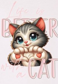 Obraz w stylu kreskówkowym przedstawiający szarego kota w pasiasty wzór z dużymi niebieskimi oczami, tworzącego serce swoimi łapami, otoczone różowym napisem "Życie jest lepsze z kotem."
