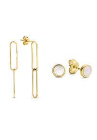 Goldohrringe mit länglichen, verbundenen Formen und runden Stegen mit Perlmuttakzenten. Elegantes Design mit polierter Oberfläche.