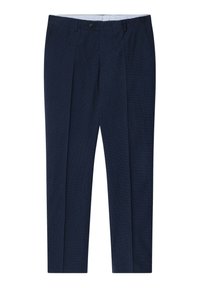 Pantaloni blu navy realizzati in tessuto testurizzato, con design a gamba dritta, doppie pieghe e una chiusura con bottone standard in vita.
