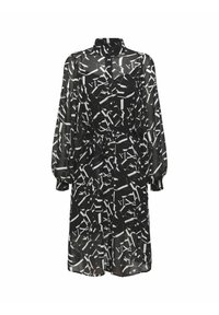 Schwarzes transparentes Kleid mit abstraktem weißen geometrischen Muster, hohem Kragen, langen Ärmeln und tailliertem Bund. Weicher Stoff mit leichter Textur.