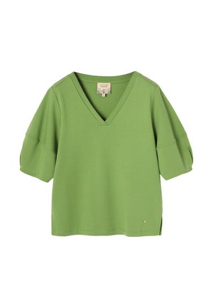 Zielona bluzka z krótkim rękawem i dekoltem w serek, z luźnymi rękawami i małym bocznym rozcięciem, wykonana z miękkiego materiału, rozmiar mały.