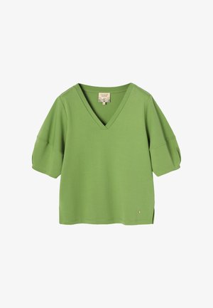 Zöld V-nyakú, rövid ujjú blúz laza ujjakkal és egy kis oldalsó hasítékkal, puha anyagból, kicsi méret.