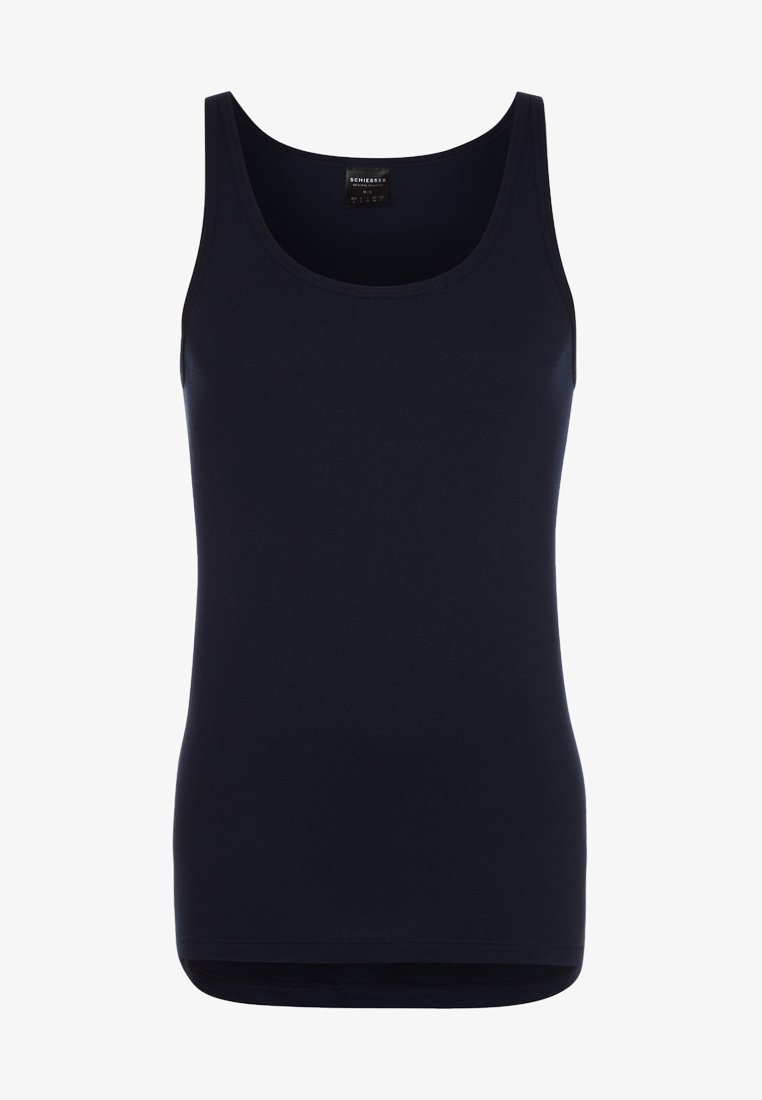 Granatowy top na ramiączkach wykonany z elastycznej bawełny, z okrągłym dekoltem, bez rękawów i gładką fakturą. Bez wyraźnych wzorów lub akcentów.