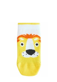 Chaussette jaune avec un design de visage de lion, une crinière orange, des accents noir et blanc, et un motif tricoté texturé.