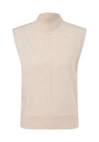 Jasno beżowy bezrękawnik z wysokim kołnierzem, wykonany z miękkiej dzianiny. Posiada gładką strukturę, subtelne przeszycia oraz ściągacz u dołu.