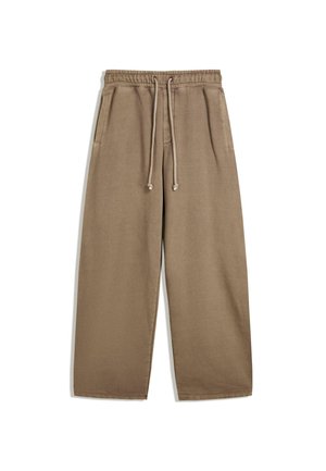 Pantaloni felpati marroni a gamba larga, realizzati in tessuto morbido, con vita elasticizzata e coulisse, due tasche laterali e una superficie liscia.