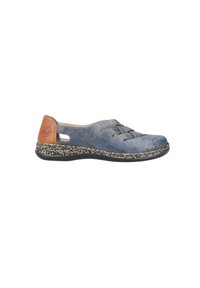 Blue leather shoe with a textured finish, featuring decorative lacing, a tan leather heel accent, and a patterned sole.