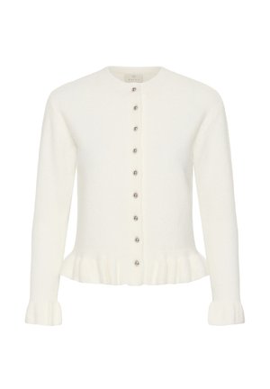 Balta garām piedurknēm jaciņa ar apaļu kakla izgriezumu, priekšpusē sudrabota pogas un volānu apdari apakšmalā un aprocēs.