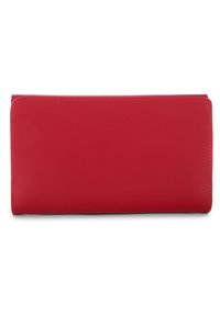 Portafoglio rosso in ecopelle con texture liscia, forma rettangolare e bordi cuciti. Presenta un design semplice senza decorazioni.