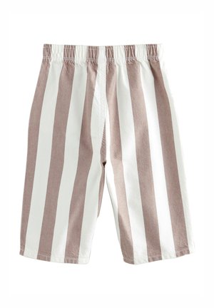 Stribede shorts med elastisk taljebånd, med skiftevis lysebrune og hvide lodrette striber, lavet af et struktureret bomuldsmateriale.