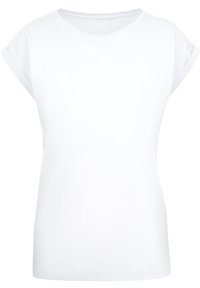 White short-sleeve t-shirt made of soft cotton. Features a relaxed fit, scoop neckline, and rolled sleeves. Minimalist design, no patterns.