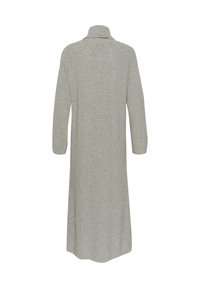 Cappotto lungo in maglia grigia con colletto alto, spalle cadenti e maniche ampie. Tessuto liscio con silhouette dritta e senza chiusure visibili.