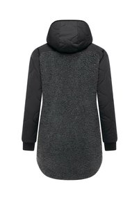 Svart och grå huvjacka med fleecebak, kviltade paneler, ribbade muddärmar och rundad fåll. Texturerat material med en mjuk finish.