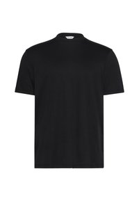 T-shirt noir avec un col court et haut. Confectionné dans un tissu doux, il comporte des manches courtes et une coupe décontractée sans motifs ni accents notables.