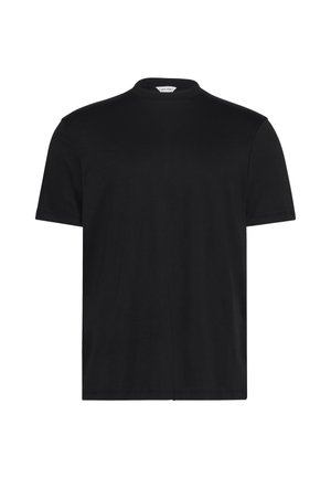 Schwarzes T-Shirt mit kurzem, hohem Kragen. Aus weichem Stoff gefertigt, verfügt es über kurze Ärmel und eine lässige Passform ohne auffällige Muster oder Akzente.